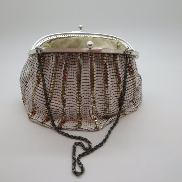 Women Handheld Chain Strap KissLock Purse White Gold Metal Mesh Mini Evening Bag - Picture 6 of 14